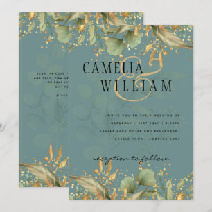 LeahG Greenery Leaves Green Gold Wedding Invite
