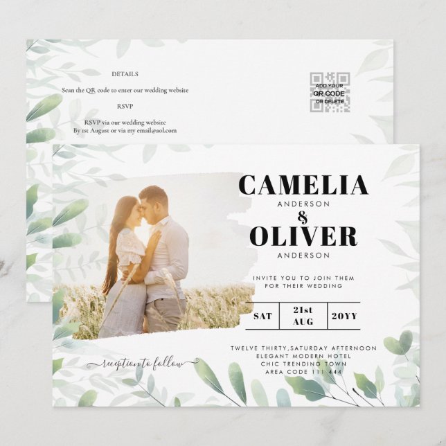 LeahG Greenery Leaves PHOTO OVERLAY Wedding Invite (Front/Back)