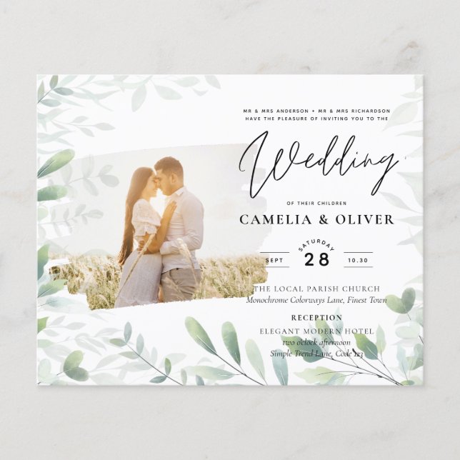 LeahG Greenery Leaves PHOTO OVERLAY Wedding Invite Flyer (Front)