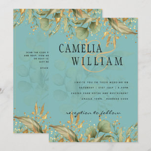 LeahG Greenery Sea Glass Teal Gold Wedding Invite