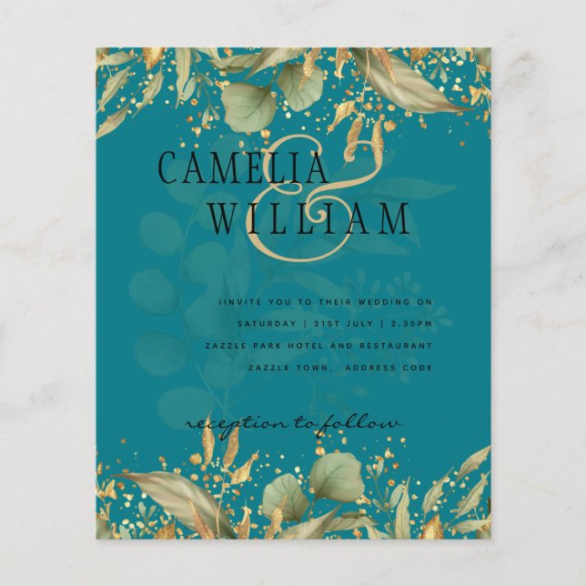 LeahG Greenery Sea Glass Teal Gold Wedding Invite Flyer (Front)