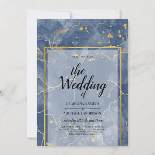 LeahG INK Navy Blue Gold Wedding Invitation