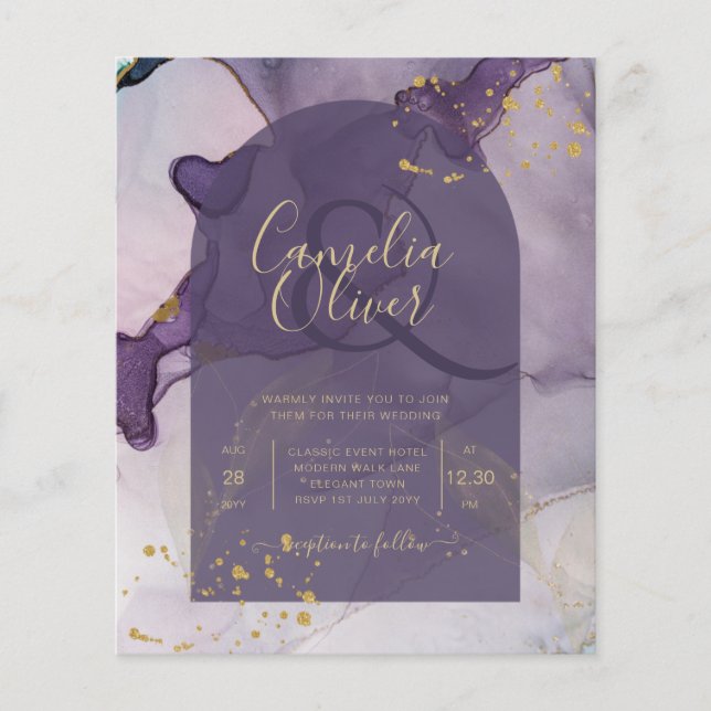 LeahG Ink Ombre Purple Lavender Gold Wedding Flyer (Front)