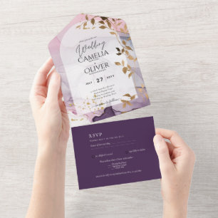 LeahG Ink Ombre Purple Pink Pink Gold Wedding All In One Invitation
