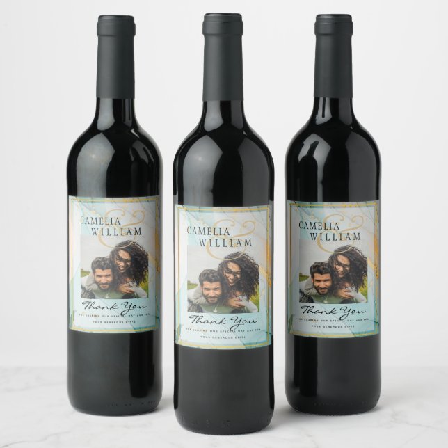 LeahG INK Sea Glass Teal Gold Wedding Wine Label (Bottles)