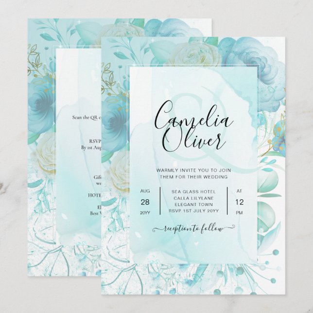 LeahG INK Sea Glass Turquoise Aqua Abstract INVITE (Front/Back)