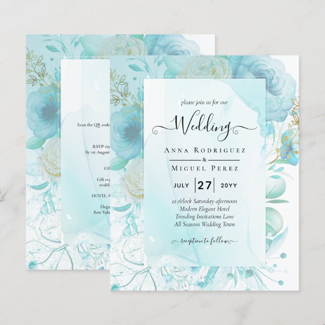 LeahG INK Sea Glass Turquoise Aqua Abstract INVITE (Front/Back)