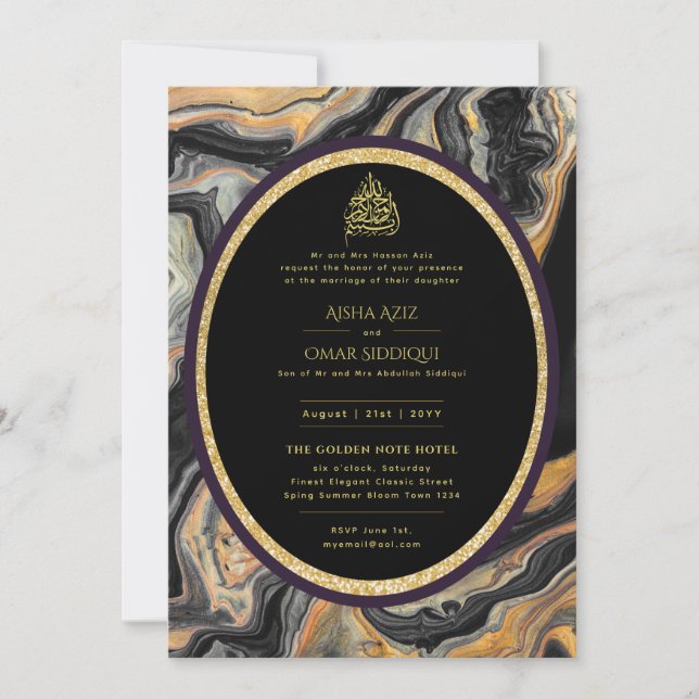 LeahG Islamic Wedding Black Gold Marble Nikah  Invitation (Front)