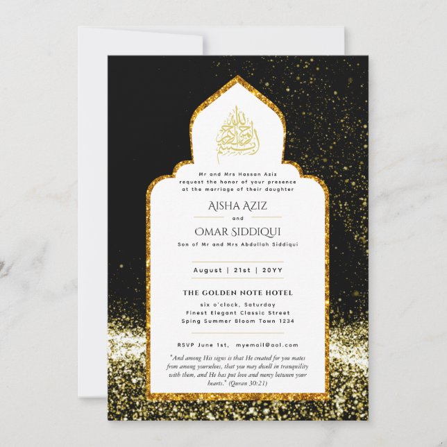 LeahG Islamic Wedding Black Gold Modern Elegant Invitation (Front)