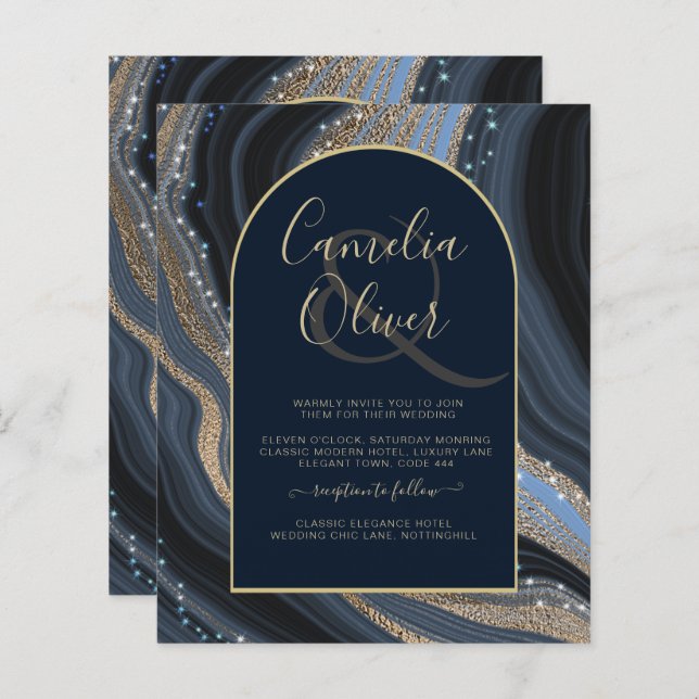 LeahG Navy Blue Gold Agate STARRY NIGHT Wedding  (Front/Back)