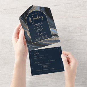 LeahG Navy Blue Gold Agate STARRY NIGHT Wedding All In One Invitation