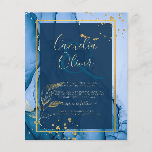 LeahG® Navy Blue Gold Alcohol Ink Wedding Flyer (Front)