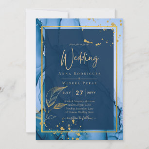 LeahG® Navy Blue Gold Alcohol Ink Wedding Invitation