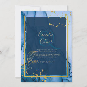 LeahG® Navy Blue Gold Alcohol Ink Wedding Invitation
