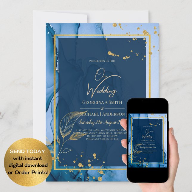 LeahG® Navy Blue Gold Alcohol Ink Wedding Invitation (Creator Uploaded)