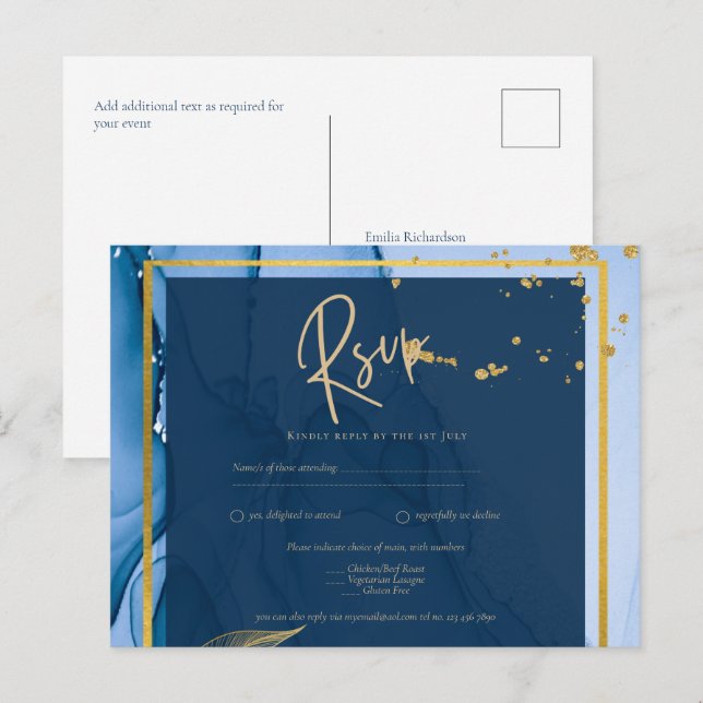 LeahG® Navy Blue Gold Alcohol Ink Wedding Postcard (Front/Back)
