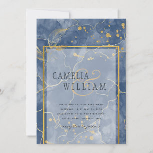 LeahG Navy Blue Gold INK Abstract Wedding INVITE