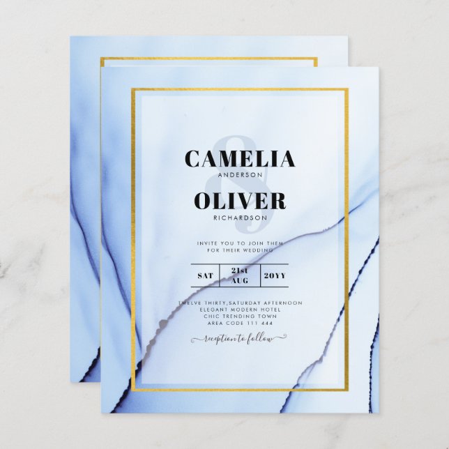 LeahG Navy Blue Gold INK Abstract Wedding INVITE (Front/Back)