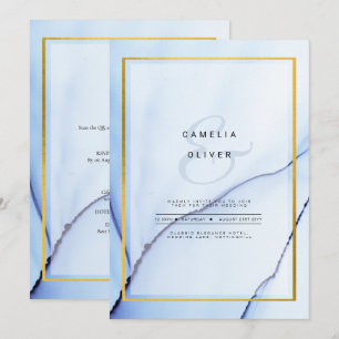 LeahG Navy Blue Gold INK Abstract Wedding INVITE