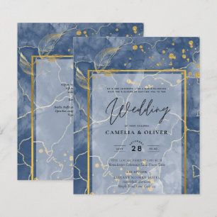 LeahG Navy Blue Gold INK Abstract Wedding INVITE