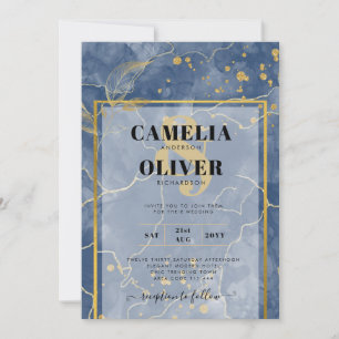 LeahG Navy Blue Gold INK Abstract Wedding INVITE