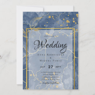 LeahG Navy Blue Gold INK Abstract Wedding INVITE