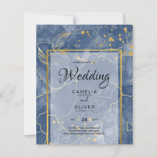 LeahG Navy Blue Gold INK Abstract Wedding INVITE