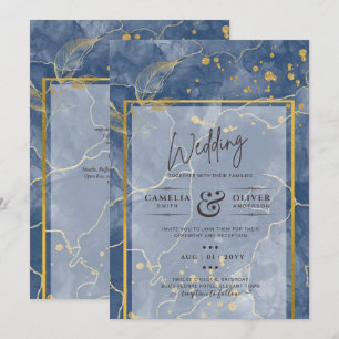 LeahG Navy Blue Gold INK Abstract Wedding INVITE