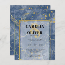 LeahG Navy Blue Gold INK Abstract Wedding INVITE