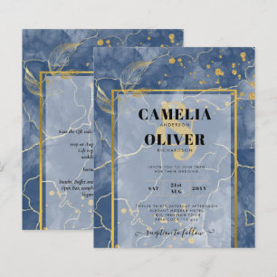 LeahG Navy Blue Gold INK Abstract Wedding INVITE