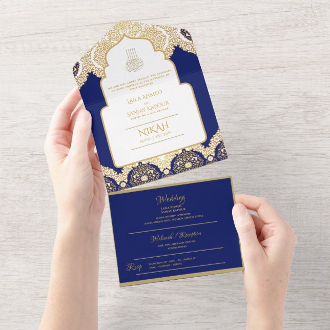 LeahG Navy Blue Gold Islamic Muslim Wedding Nikah All In One Invitation (Tearaway)