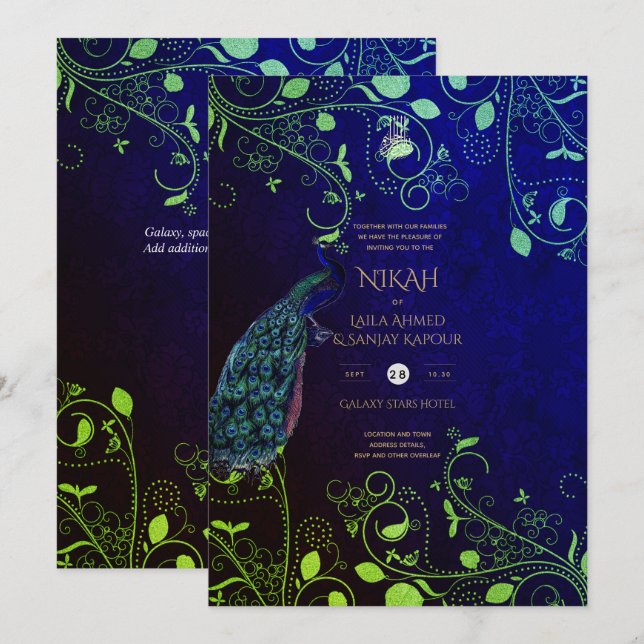 LeahG Peacock Blue Islamic Muslim Wedding Invites  (Front/Back)