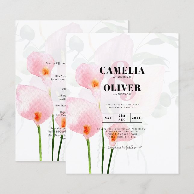 LeahG Pink Calla Lily Floral Wedding Invite allin1 (Front/Back)