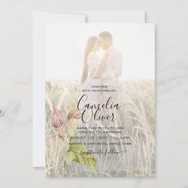 LeahG Pink Calla Lily PHOTO Overlay Wedding Invite (Front)