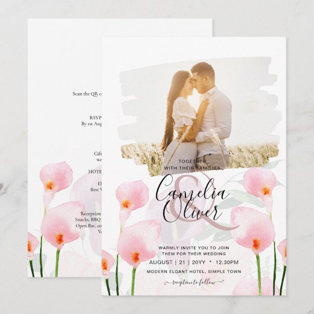 LeahG Pink Calla Lily PHOTO Overlay Wedding Invite (Front/Back)