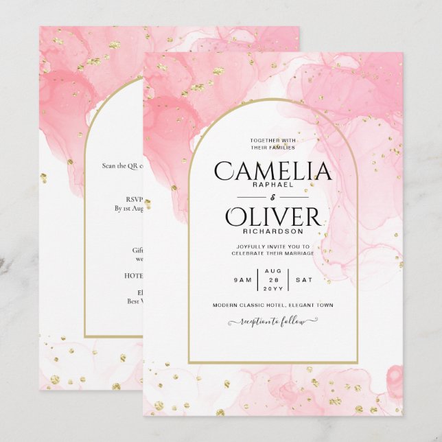LeahG PINK GOLD INK Abstract Wedding INVITE (Front/Back)
