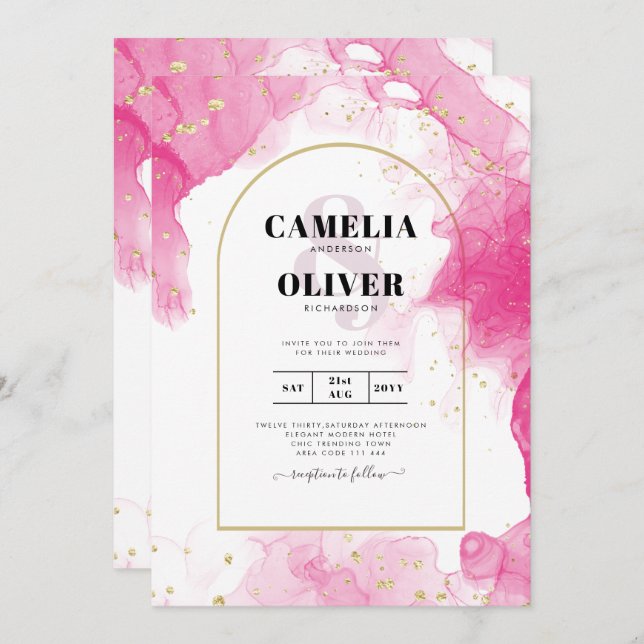 LeahG PINK GOLD INK Abstract Wedding INVITE (Front/Back)