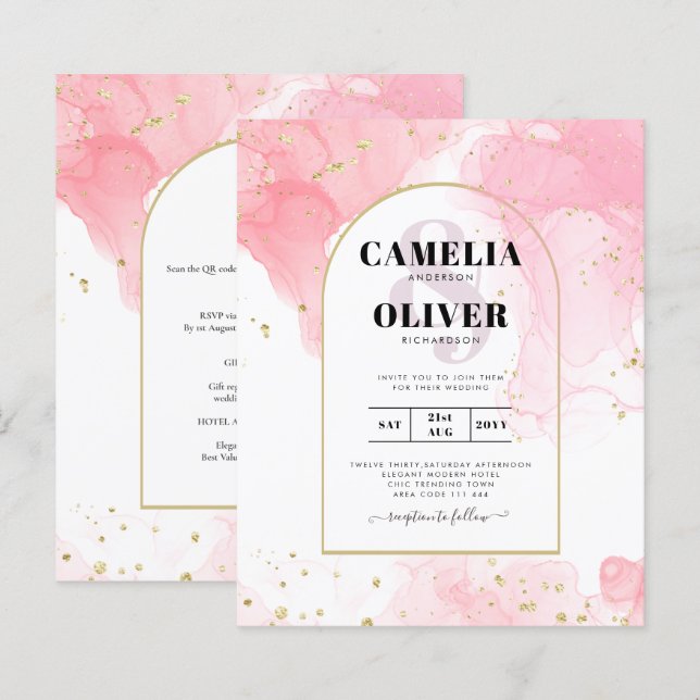 LeahG PINK GOLD INK Abstract Wedding INVITE (Front/Back)