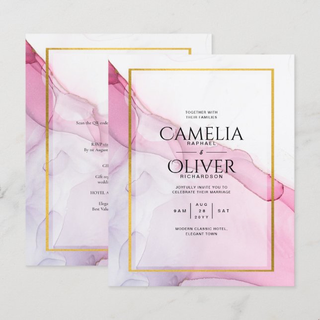 LeahG PINK Purple Ink Abstract Wedding INVITE (Front/Back)