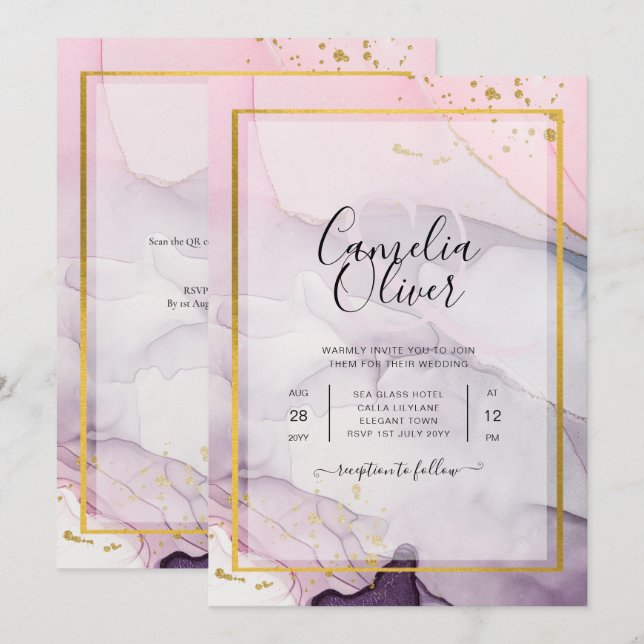 LeahG Pink Purple Lavender Gold INK Wedding INVITE (Front/Back)