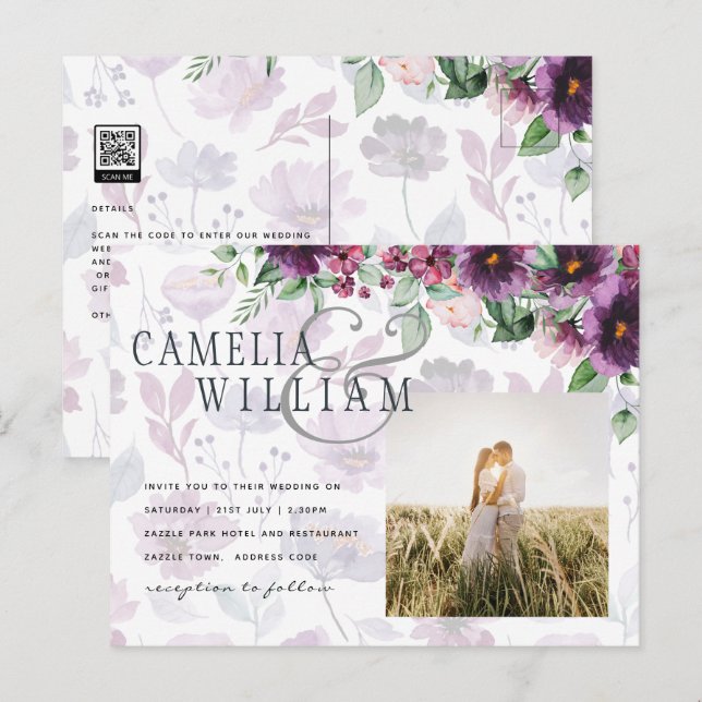 LeahG Plum Purple Berry Floral Wedding Fall Winter Postcard (Front/Back)