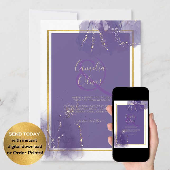 LeahG PURPLE GOLD Wedding Lavender ALCOHOL INK Invitation (Creator Uploaded)