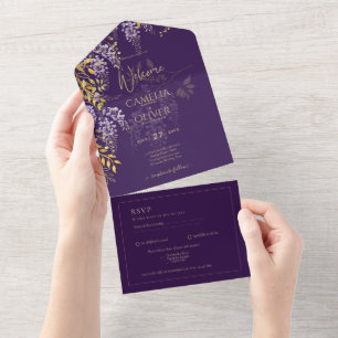 LeahG Purple Gold WISTERIA Floral Wedding INVITE