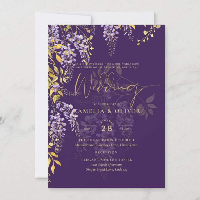 LeahG Purple Gold WISTERIA Floral Wedding INVITE (Front)