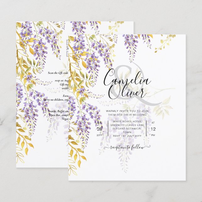 LeahG Purple Gold WISTERIA Floral Wedding INVITE (Front/Back)