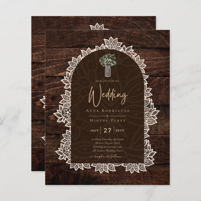 LeahG Rustic Lace Gypsophila Wood Wedding INVITE (Front/Back)