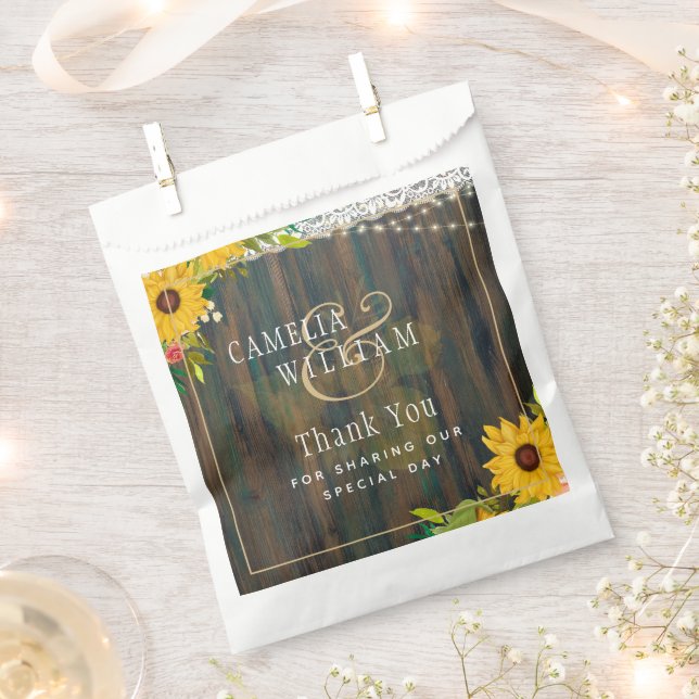 LeahG Rustic Sunflowers Lace Lights Wood Wedding Favour Bag (Clipped)