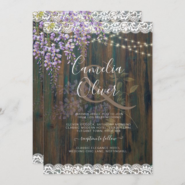 LeahG Rustic WISTERIA Lace Floral Wedding INVITE (Front/Back)