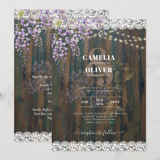 LeahG Rustic WISTERIA Lace Floral Wedding INVITE (Front/Back)