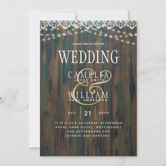 LeahG Rustic Wood Lace Lumières Mariage Invitation (Devant)